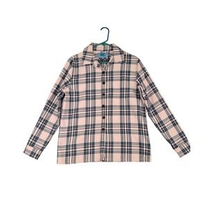 Melody Ehsani Womens Flannel Pink Green Plaid Button Front Long Sleeve Shirt S